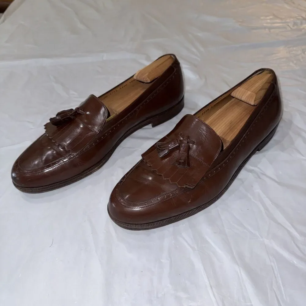 Salvatore Ferragamo Mens 10.5D Brown Leather Kiltie Tassel Loafers Moc Toe Italy
